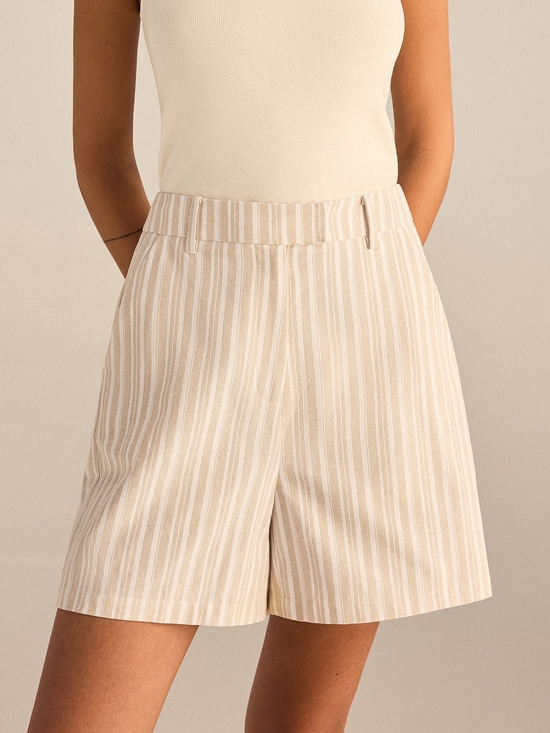 Commense Pants - Commense Tan & Cream Striped Mid-Waist Shorts